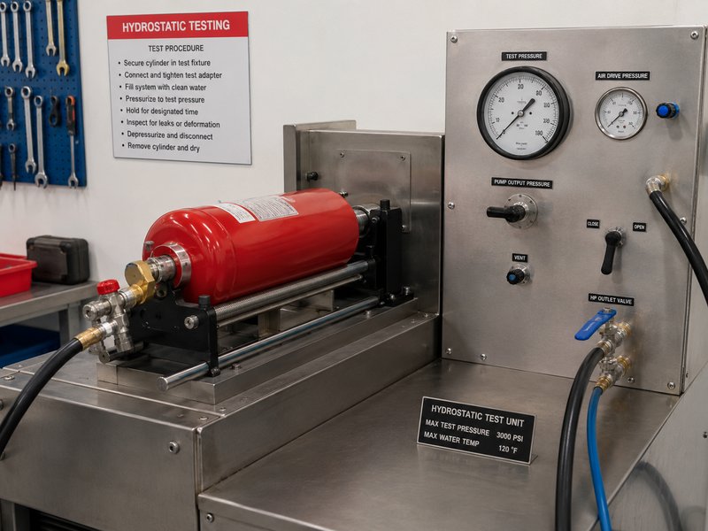 Hydrostatic testing of a fire extinguisher cylinder