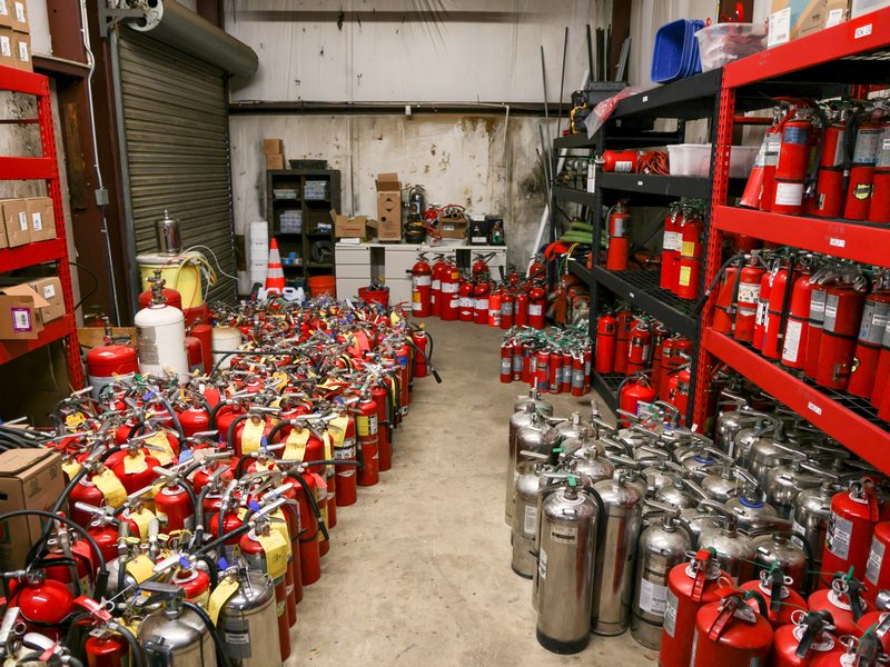Extinguishers in the service shop for recharge