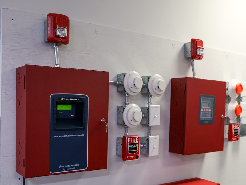 Fire alarm devices wall with detectors