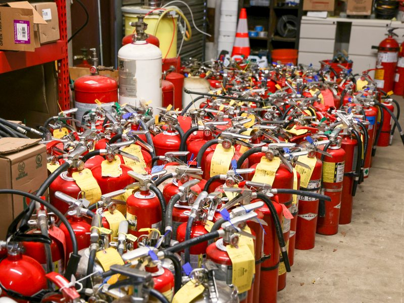 Tagged extinguishers in for service