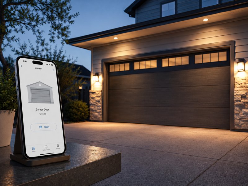 Garage door status on the phone at dusk