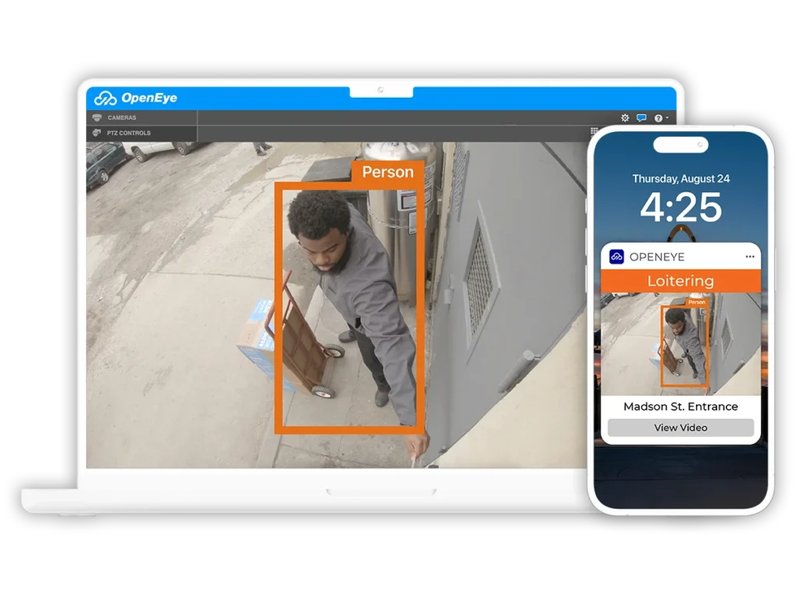 OpenEye AI analytics detecting a person with a mobile alert