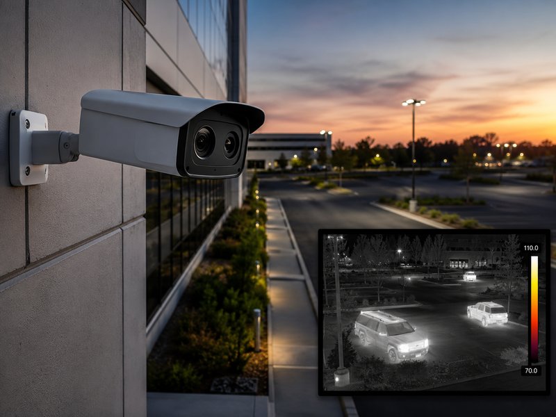 Thermal camera with heat-signature view over a parking lot